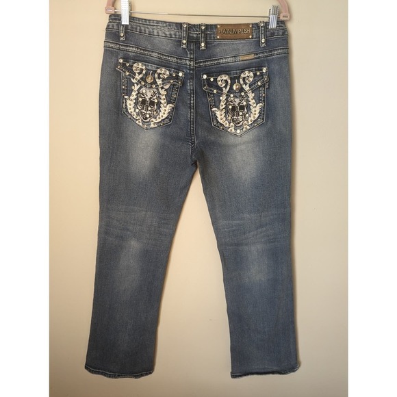 Platinum Plush Denim - Platinum Plush skull rhinestone embroidery jeans